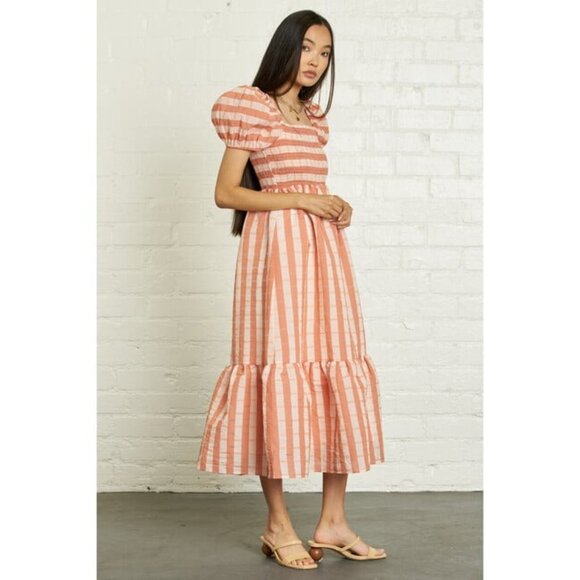 dRA Los Angeles NWT Sz S‎ Peach Stripe Smocked Organza Midi Dress Puff Sleeve - Picture 5 of 14